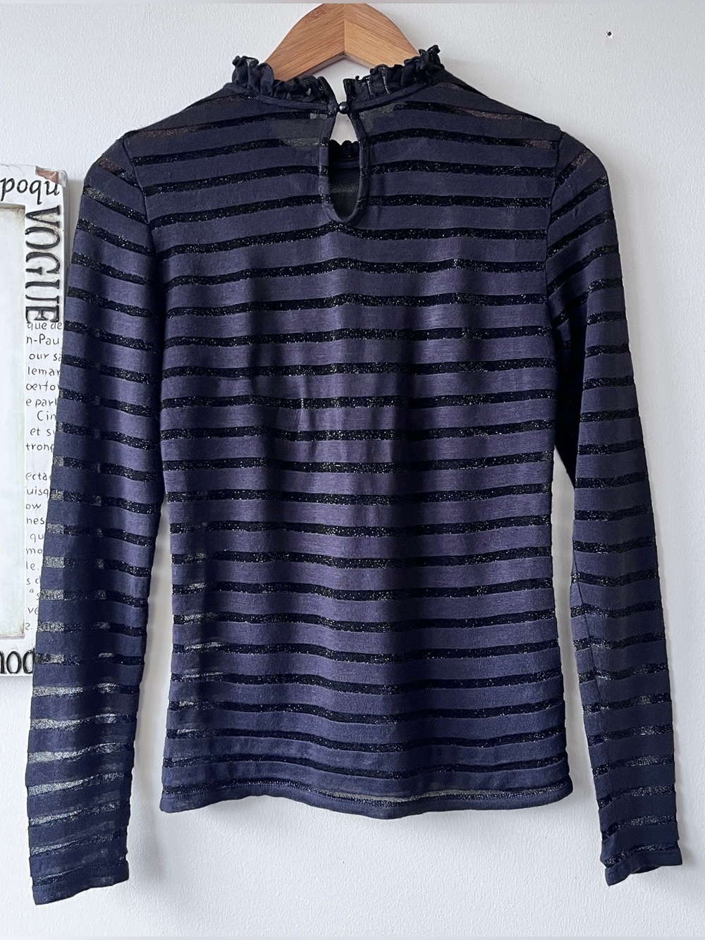 Pigalle Sheer Stripe Ruffle-Neck Long Sleeve Knit Women’s Top Size S - Picture 4 of 6